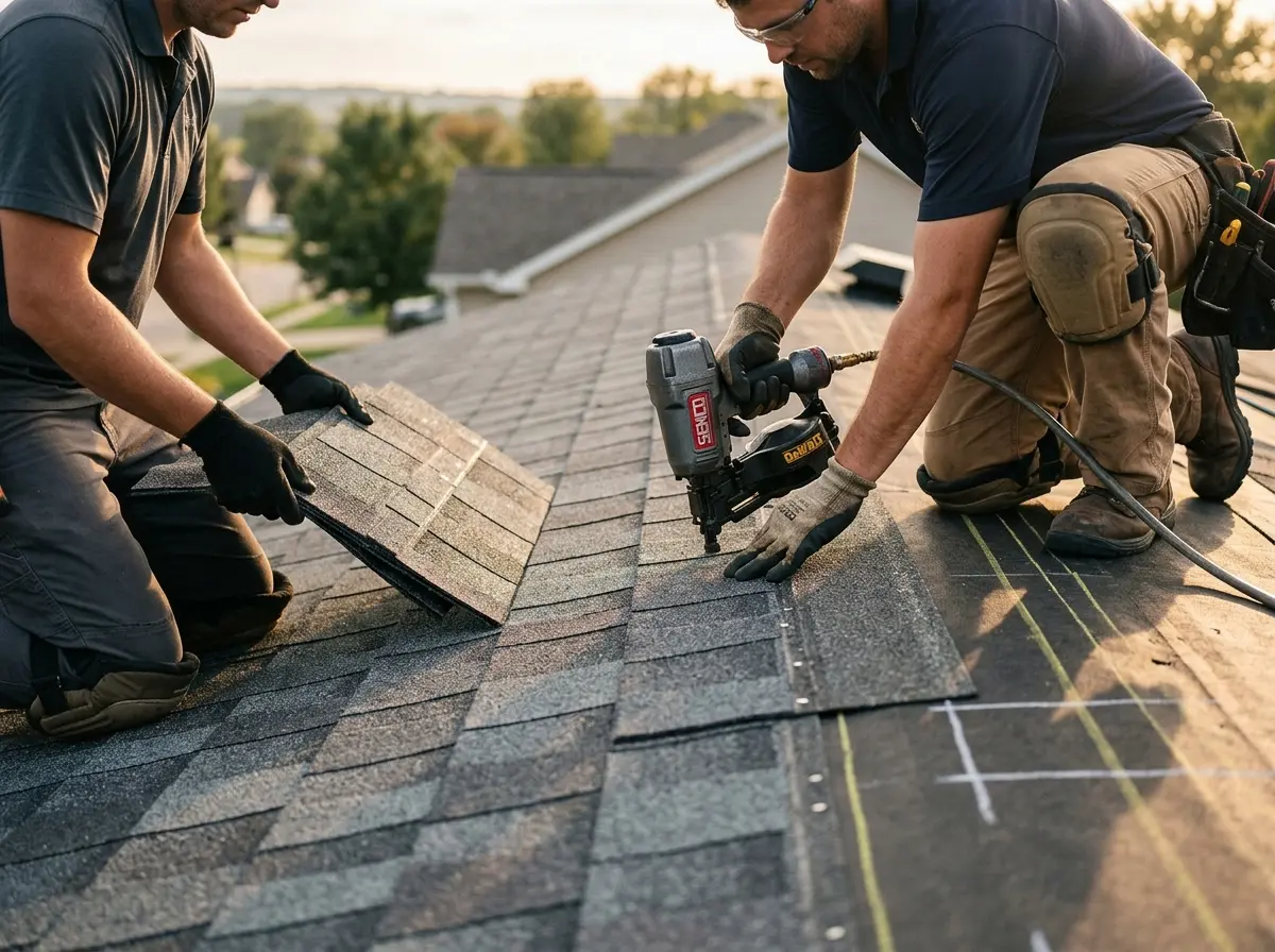 Professional roofer working on a residential roof in Hemet